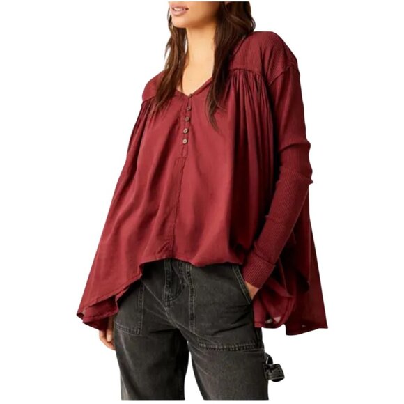 Free People We The Free Lyrical Flowy Tunic Top Ribbed Sleeves Burgundy Size S - Picture 2 of 15